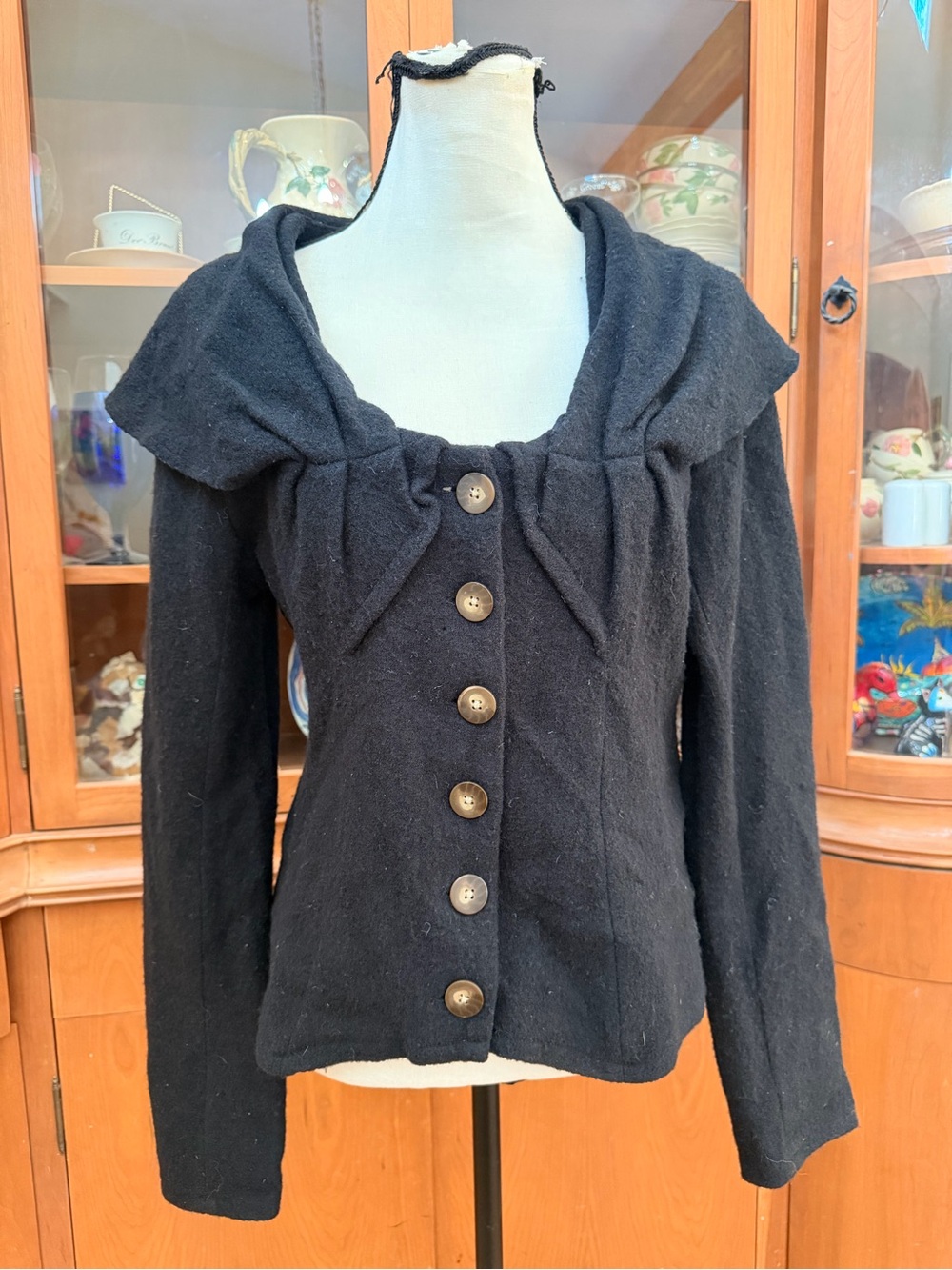 Guinevere black wool button shawl collar cardigan